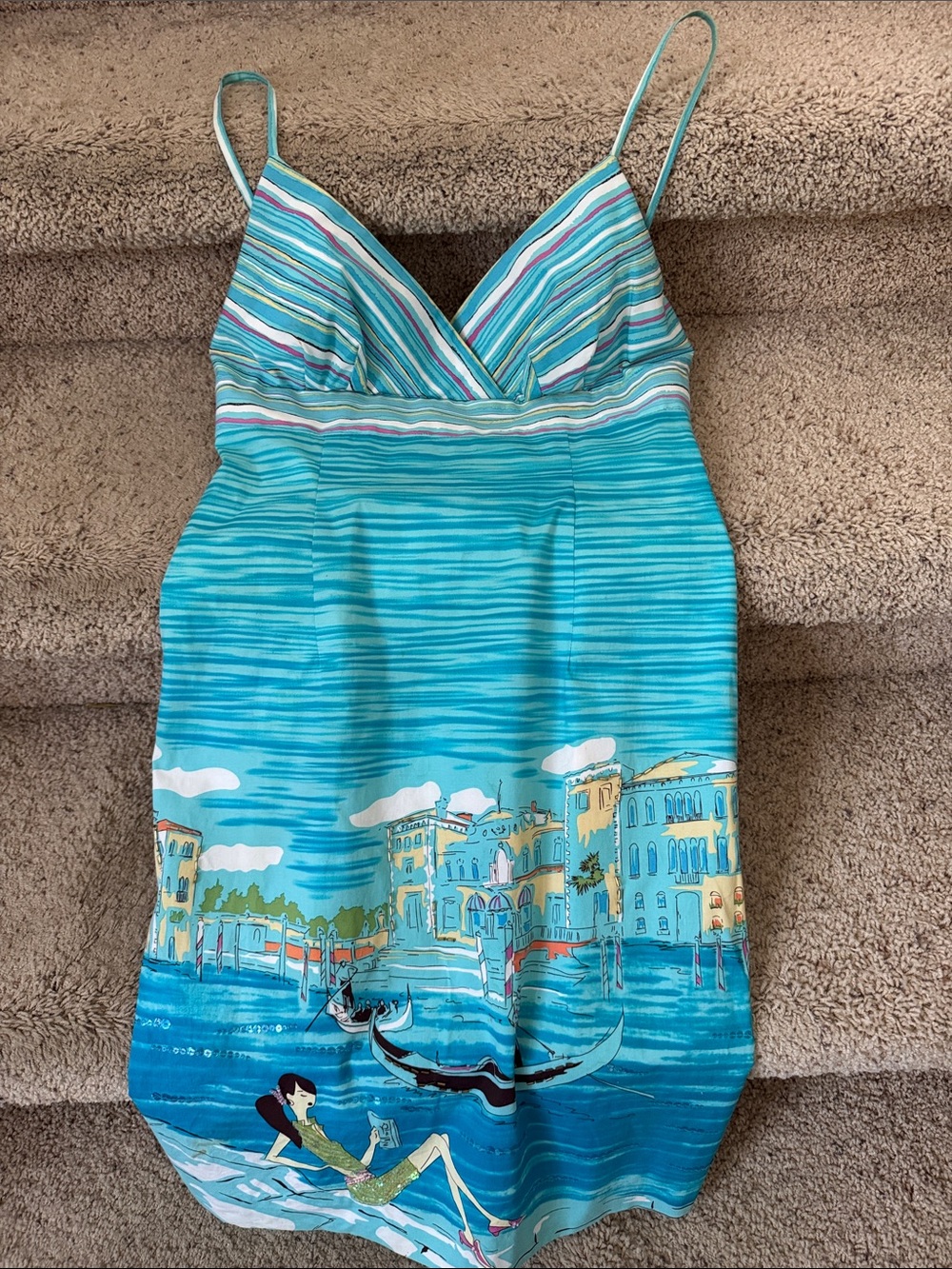 Muse for Boston Proper Dress with Venice Gondola Scene, Back Tie Size 4 STAINS